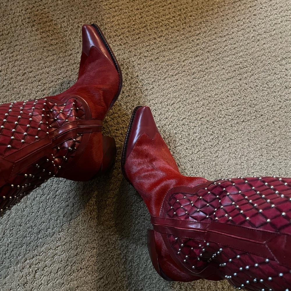 RARE Donald Pliner Ruby Red Hair On Hide Western Boots (8) - Picture 13 of 14